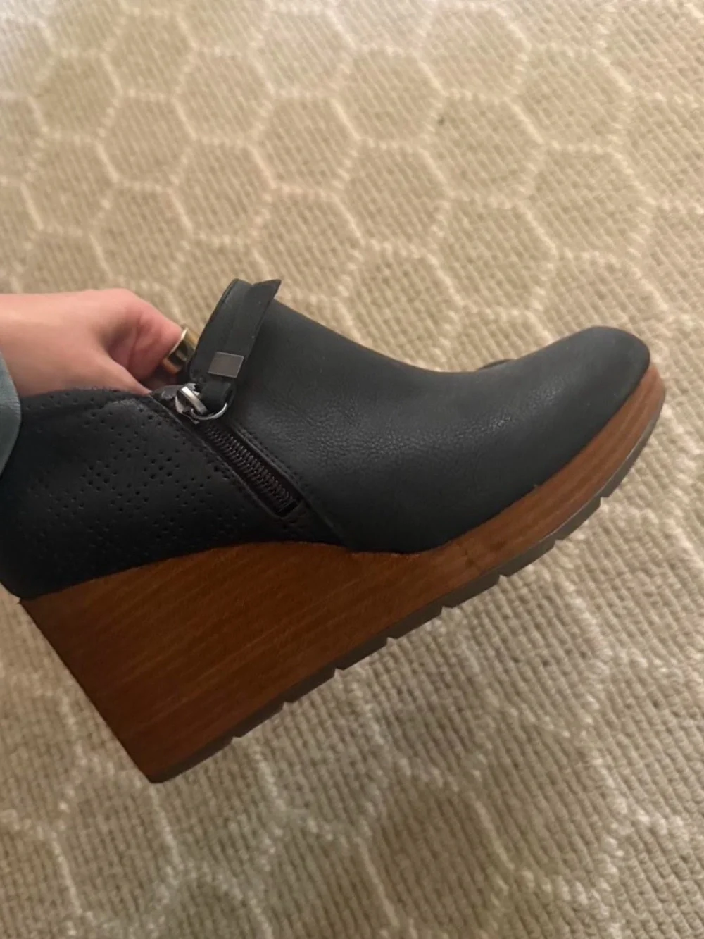 Dr. Scholl's Black Wedge Ankle Booties with Wood-Effect Platform